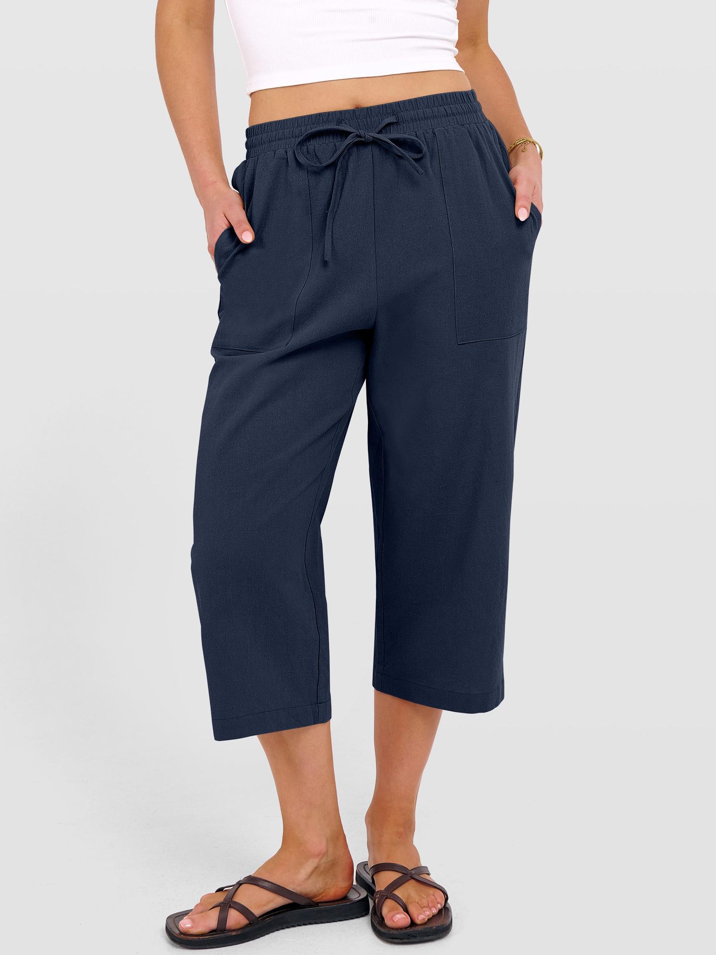 Solid-color Cotton-linen Relaxed-fit Drawstring Wide-leg Casual Pants