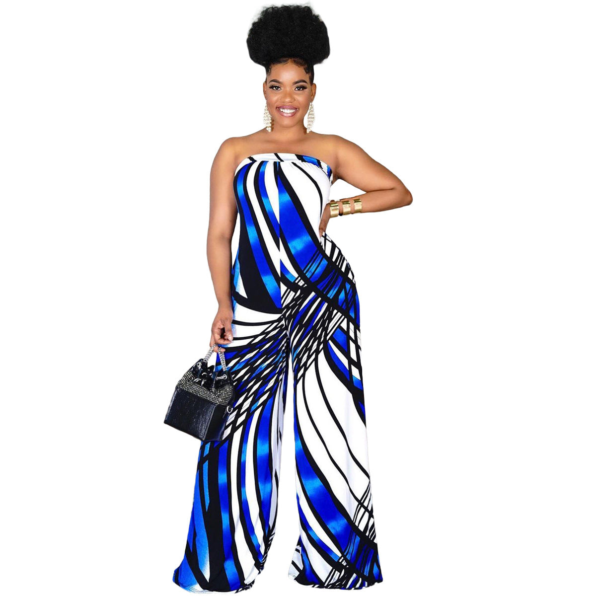 Damen Neckholder Jumpsuit mit Print, weiter Hose, Übergrößen