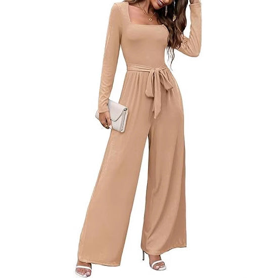 Modischer langärmeliger Jumpsuit mit eckigem Ausschnitt, Bindegürtel und weitem Bein