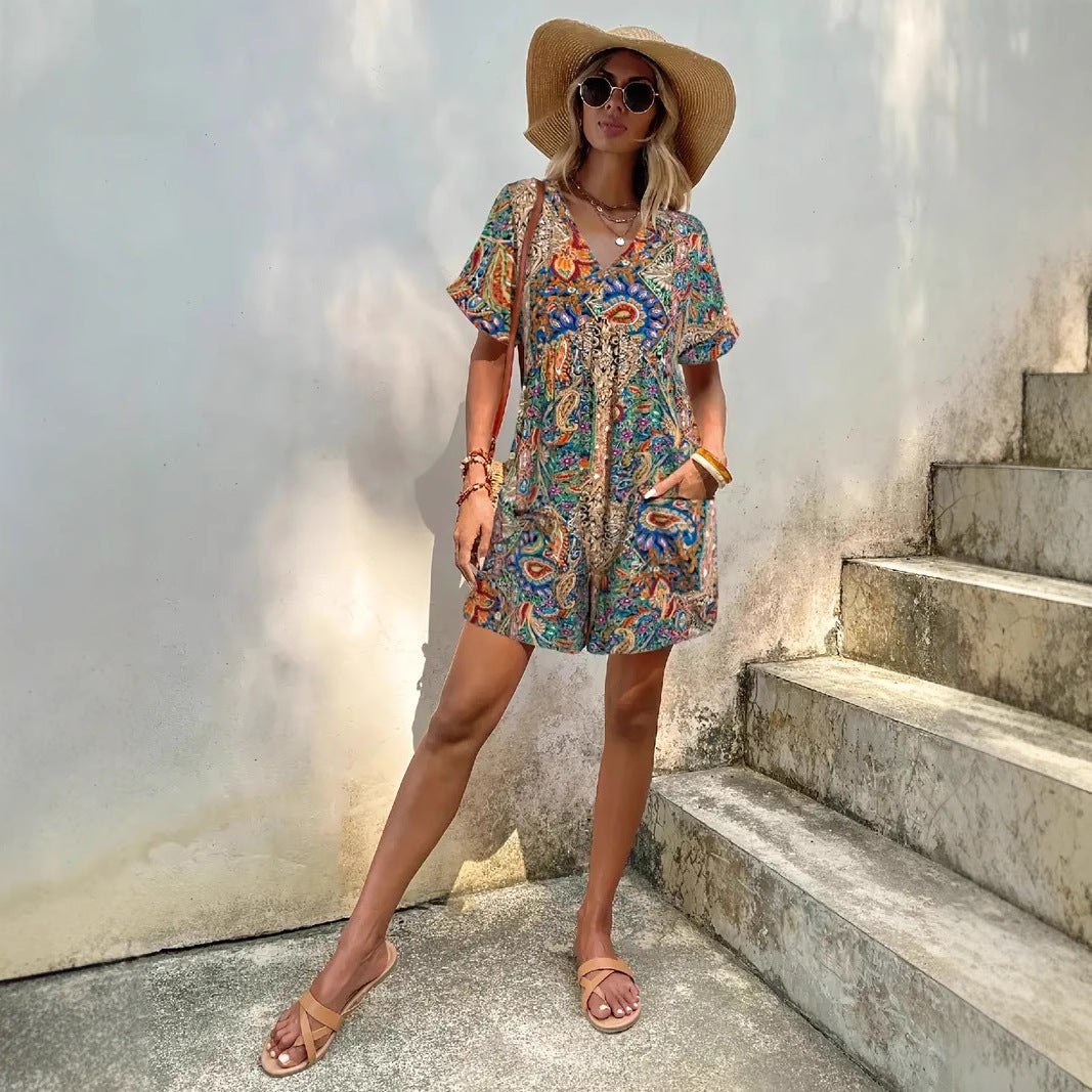 Bedruckter eleganter lässiger Urlaubsoverall für Damen
