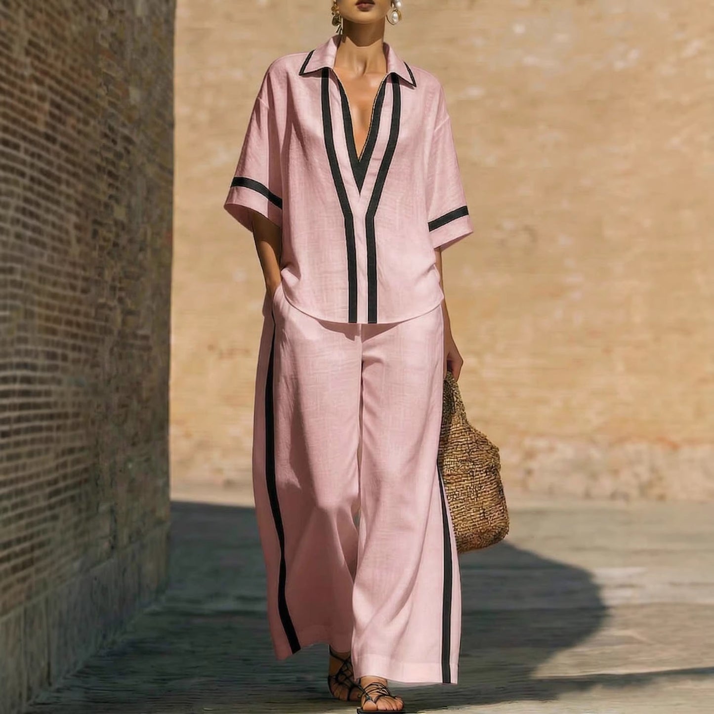 Color-Block Kurzarm-Top und weite Hose Zweiteiler Set - Lässiges Sommer Loose Fit Matching Outfit für Damen Alltag