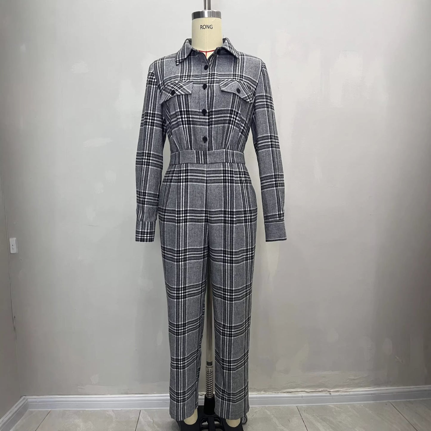 Retro Plaid High-Waisted Jumpsuit And Pockets For Women