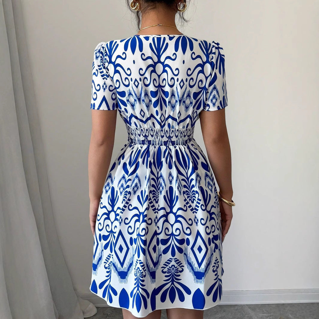 Fashion Printed Hot Girl Fitted Waist Bubble Dress Women