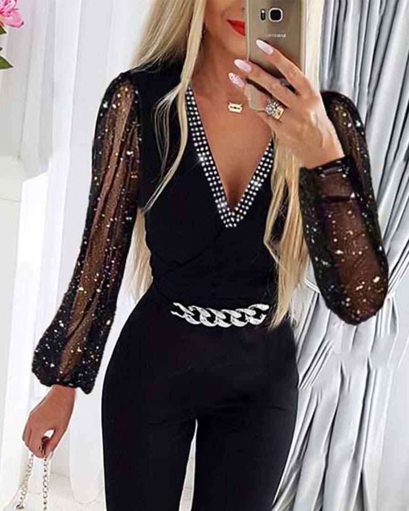 Damen V-Ausschnitt Strass Mesh Jumpsuit
