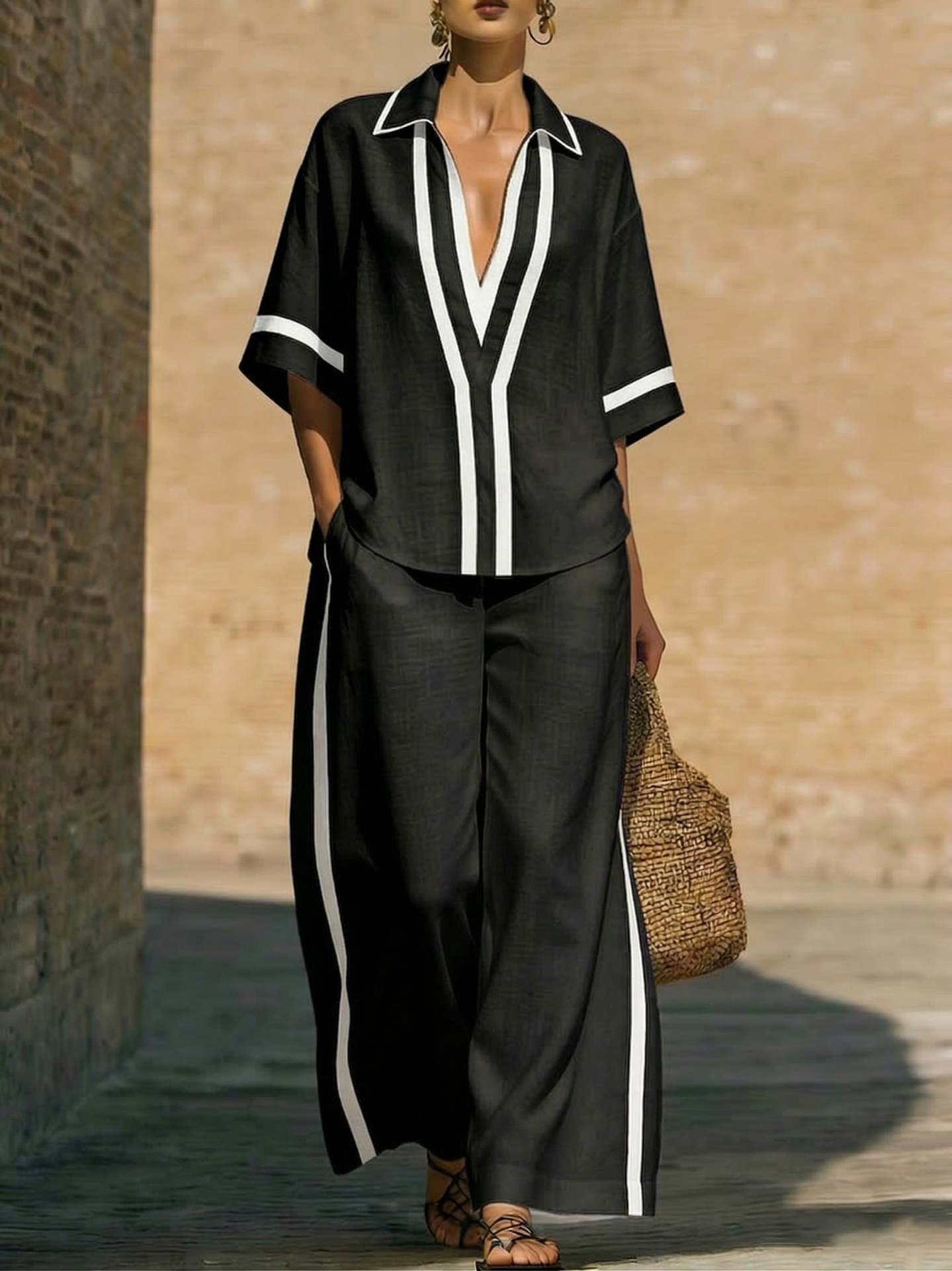 Color-Block Kurzarm-Top und weite Hose Zweiteiler Set - Lässiges Sommer Loose Fit Matching Outfit für Damen Alltag