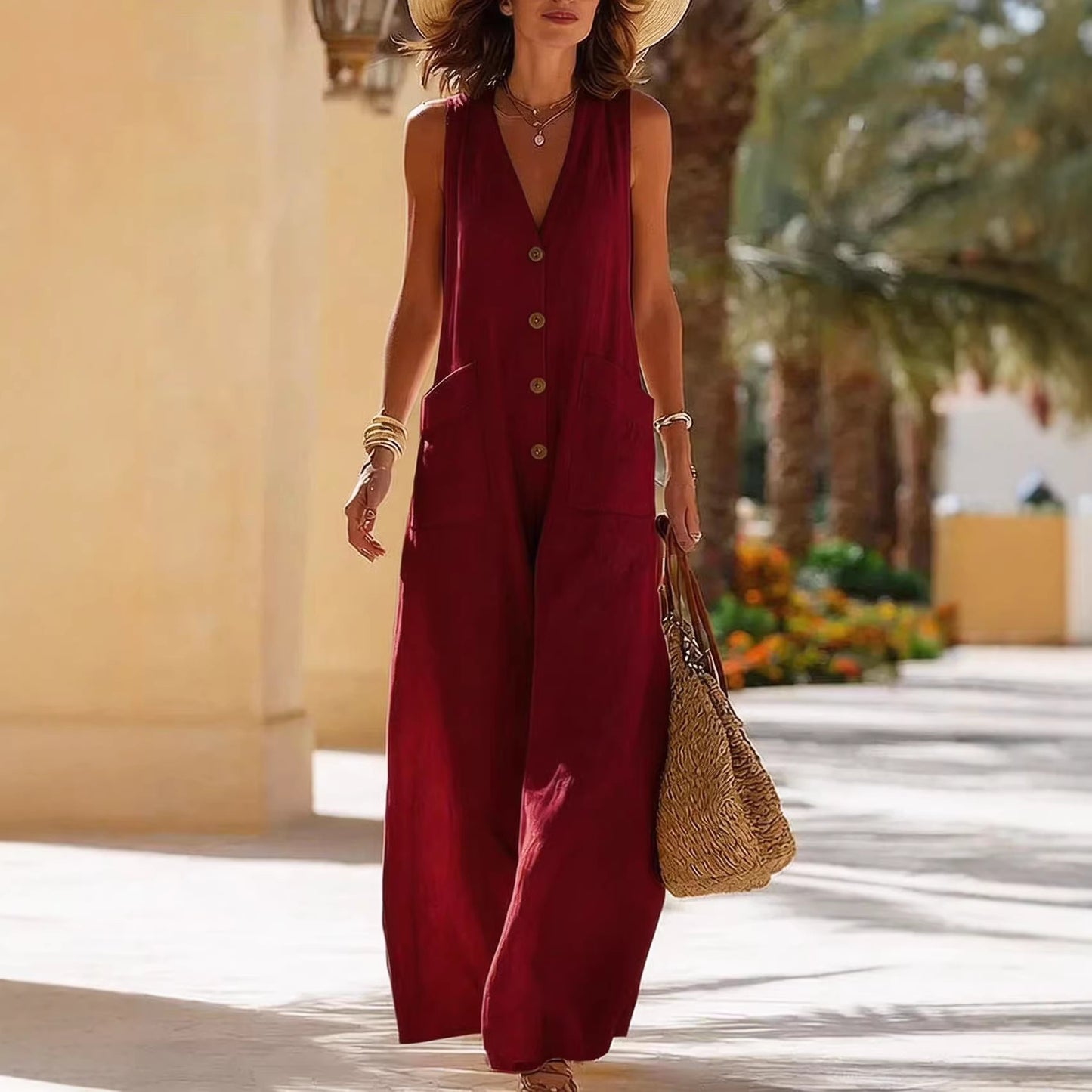 Simple And Comfortable Cotton-Linen Sleeveless Wide-Leg Jumpsuit With Button Pockets