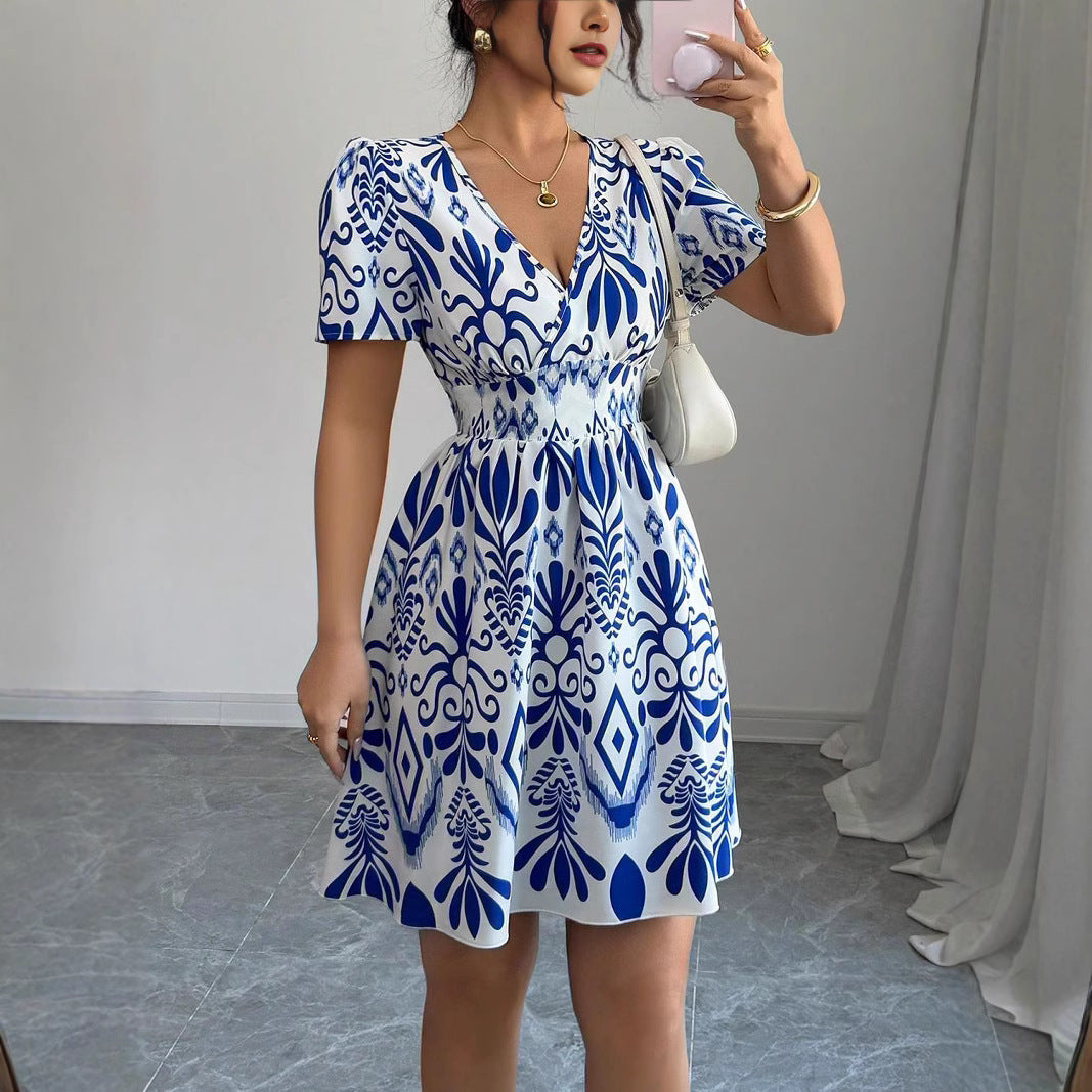 Fashion Printed Hot Girl Fitted Waist Bubble Dress Women