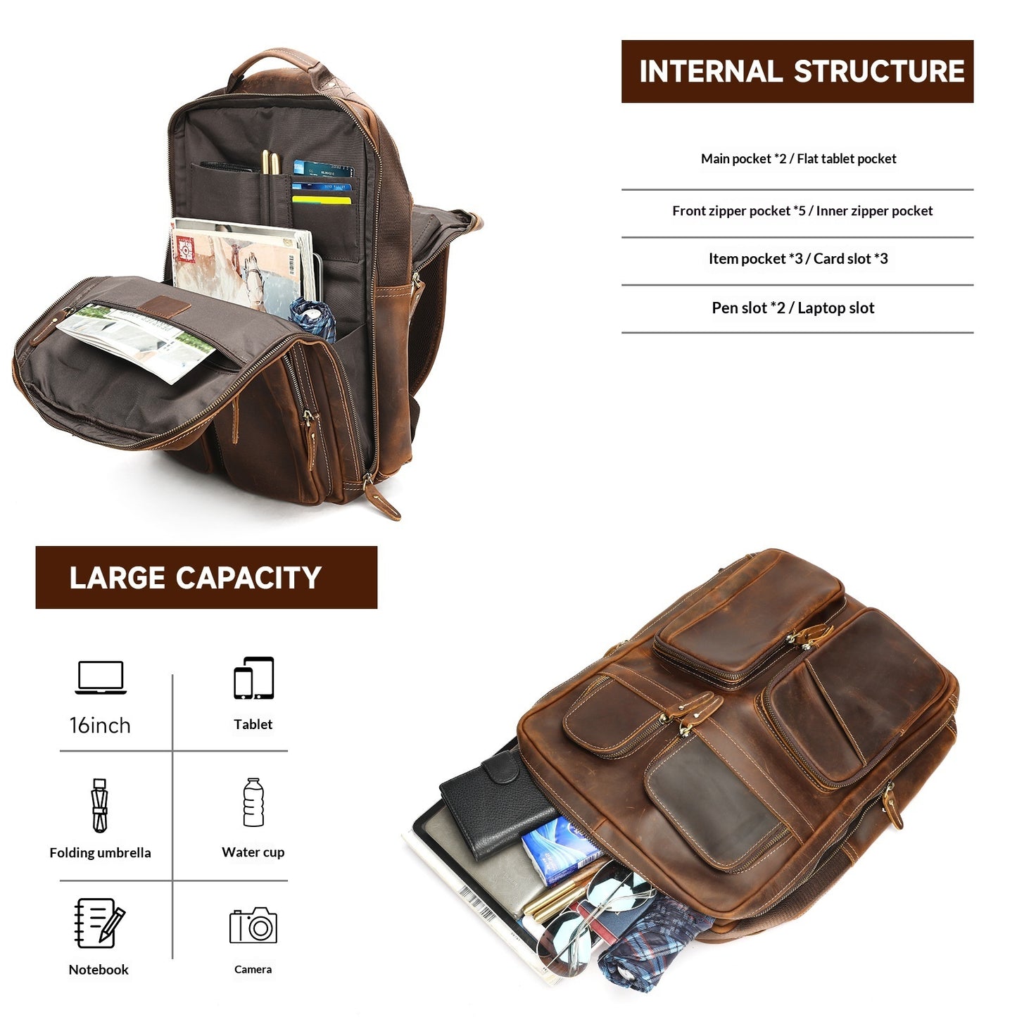 Sac à dos grande capacité en cuir pour l'extérieur