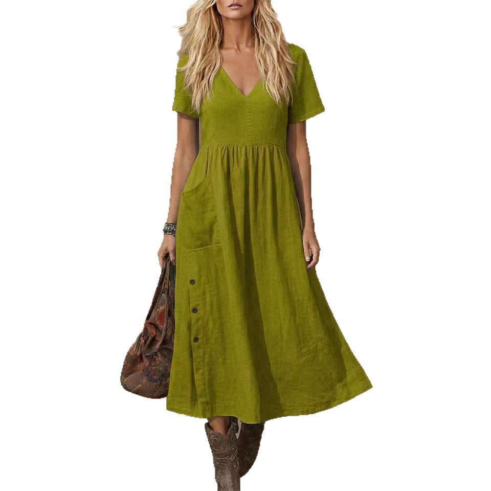 Robe ample tendance pour femme, col en V, manches courtes, avec poches