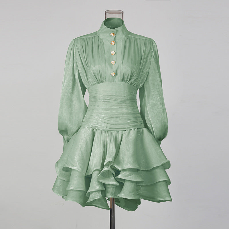 Mesh Puff-sleeve, Waist-cinched Dress With Ruffled Hem And Designer Details