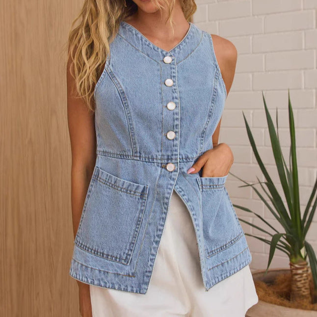 Modische lässige schmal geschnittene Jeansweste mit Knöpfen