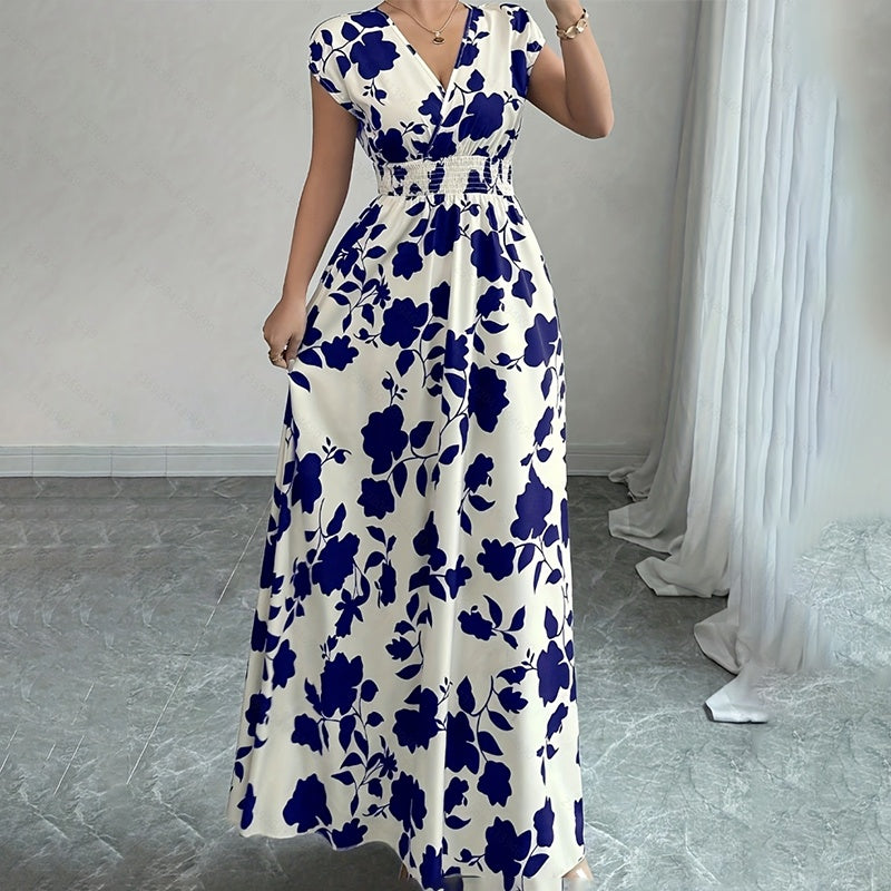 Damen Wickelkleid V-Ausschnitt Kurzarm Empire-Taille Elastische Taille Sommer Lässige Elegante Maxi Lange Kleider