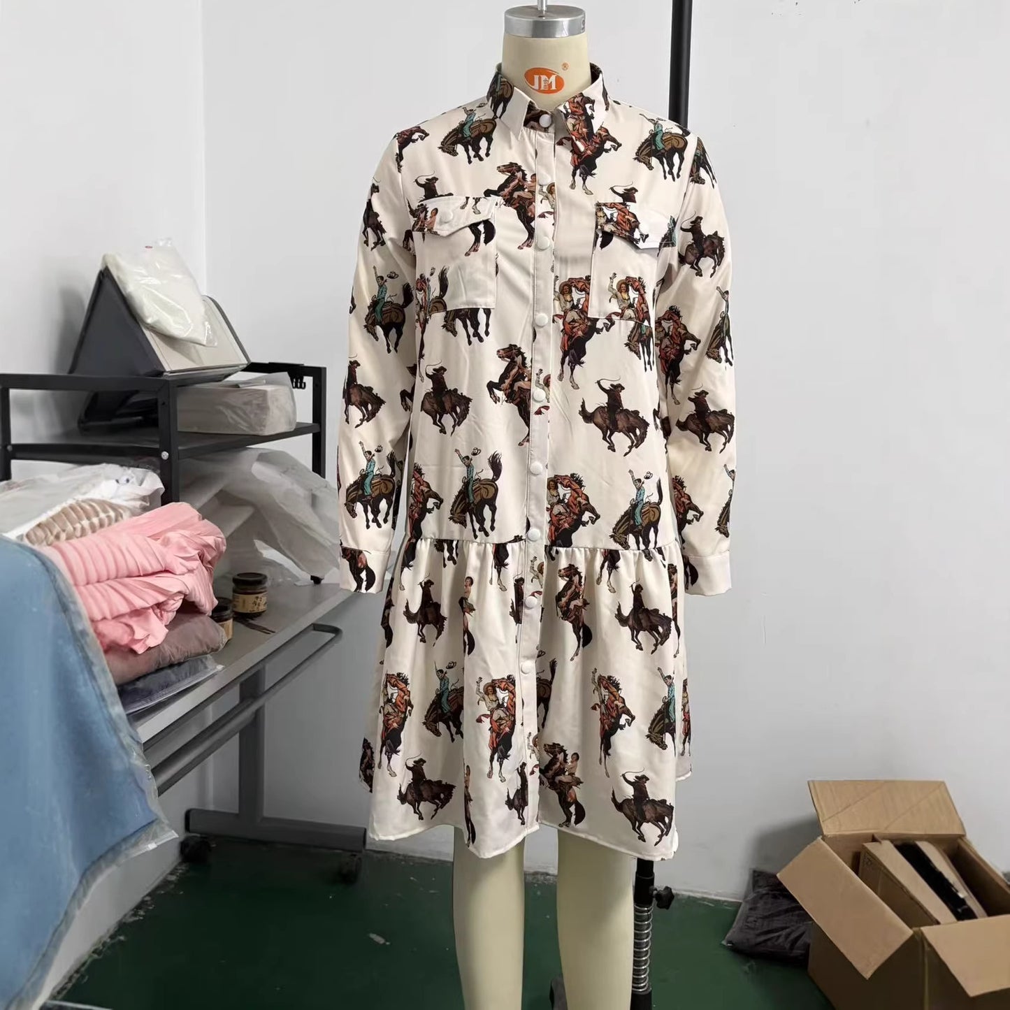 Westernkleid mit Langarm und Cowboy-Print