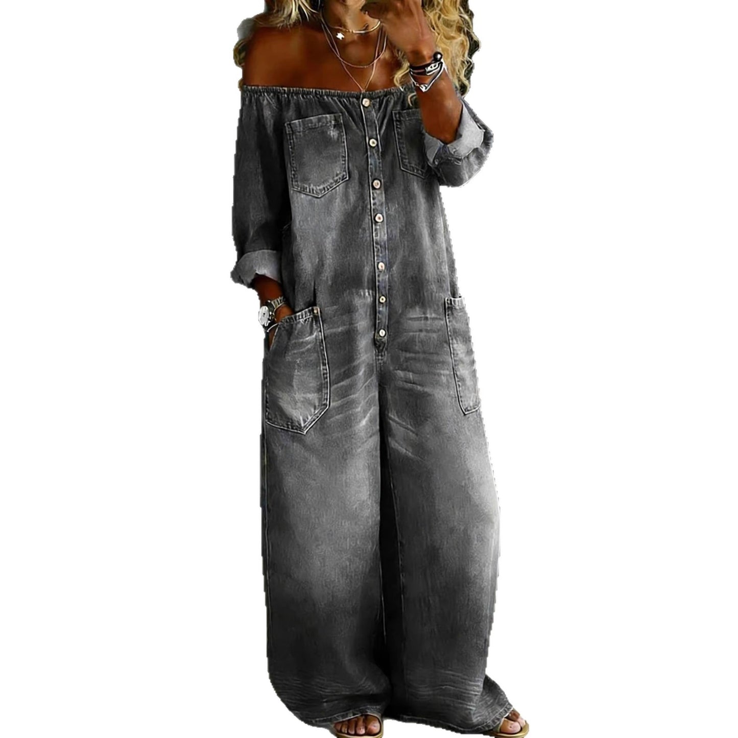 Einreihiger Off-Shoulder Jumpsuit aus gewaschenem Jeansimitat