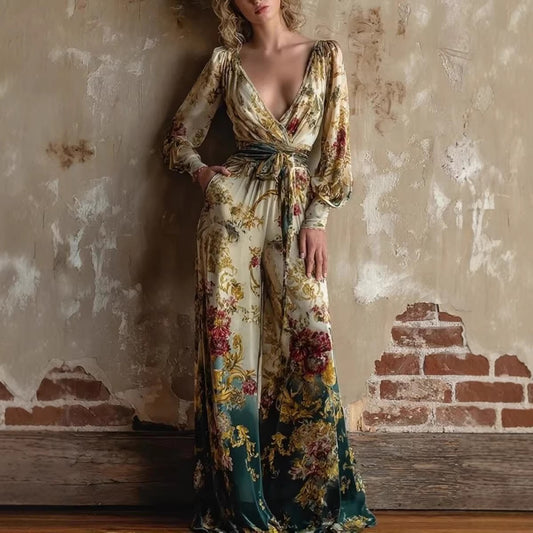 Sexy Deep V-Neck Lantern Sleeve Retro Print Lace-Up Wide-Leg Jumpsuit