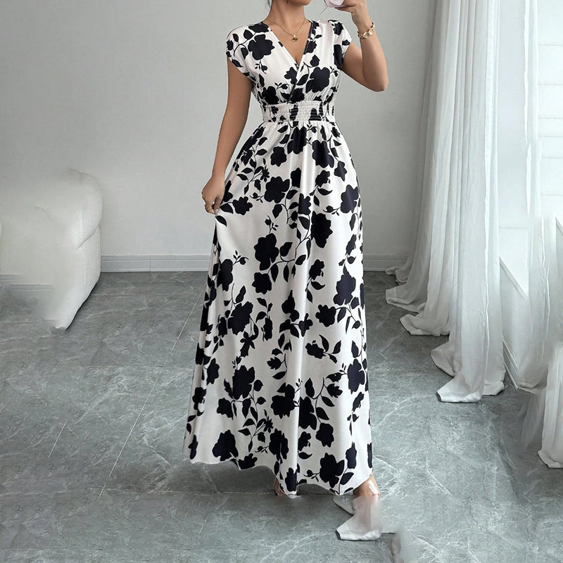 Damen Wickelkleid V-Ausschnitt Kurzarm Empire-Taille Elastische Taille Sommer Lässige Elegante Maxi Lange Kleider