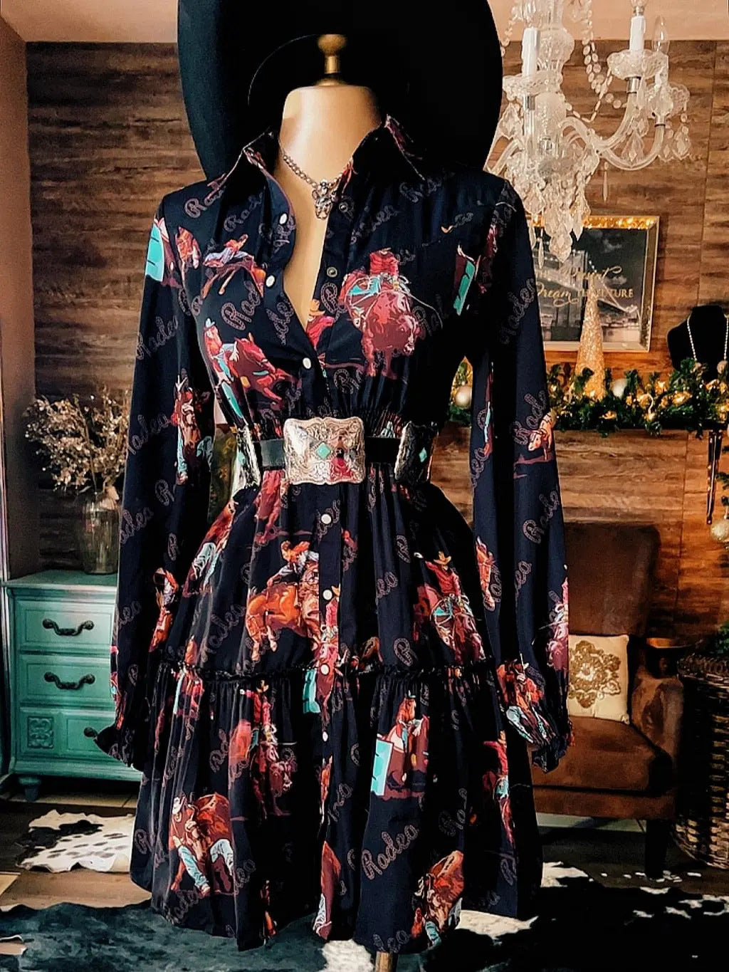 Westernkleid mit Langarm und Cowboy-Print