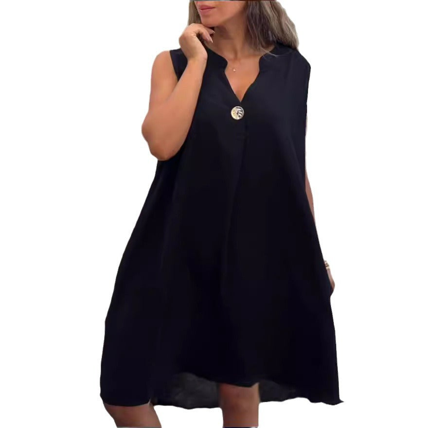 Robe unie sans manches à col en V avec détails boutonnés pour femme
