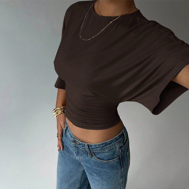 Einfarbiges bauchfreies Damen-T-Shirt mit halbem Arm, kurz geschnittenes Oberteil