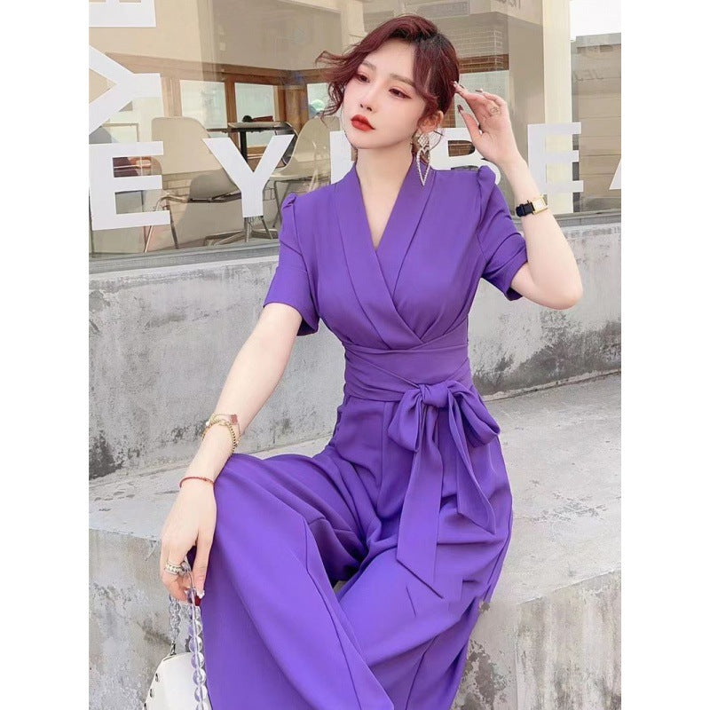 Combinaison élégante à taille haute, coupe amincissante, couleur unie et jambe large avec laçage