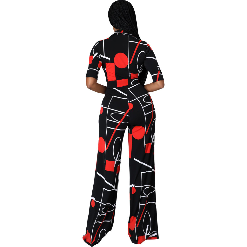 Mode Digitaldruck V-Ausschnitt Damen Jumpsuit Lang