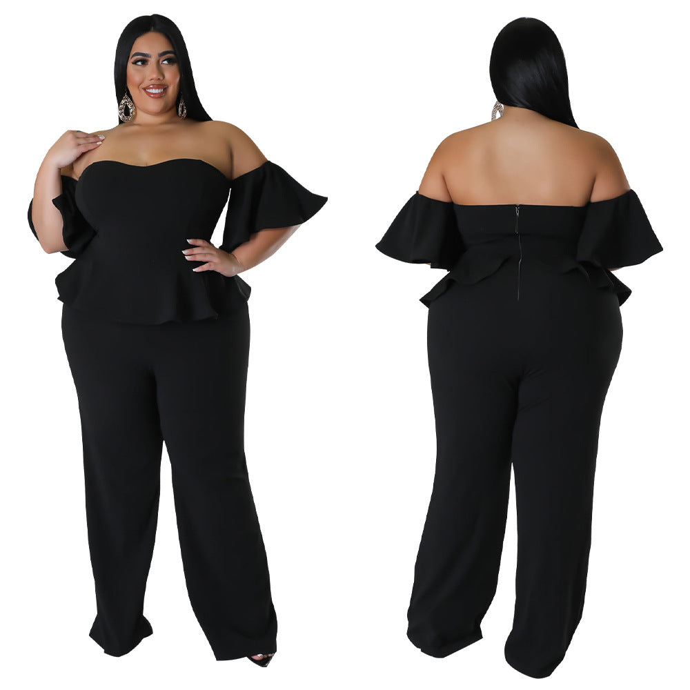 Combinaison stretch sexy à épaules dénudées, manches courtes et jambes larges