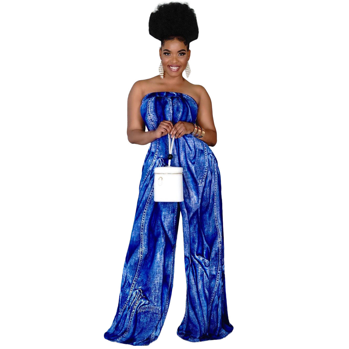 Damen Neckholder Jumpsuit mit Print, weiter Hose, Übergrößen