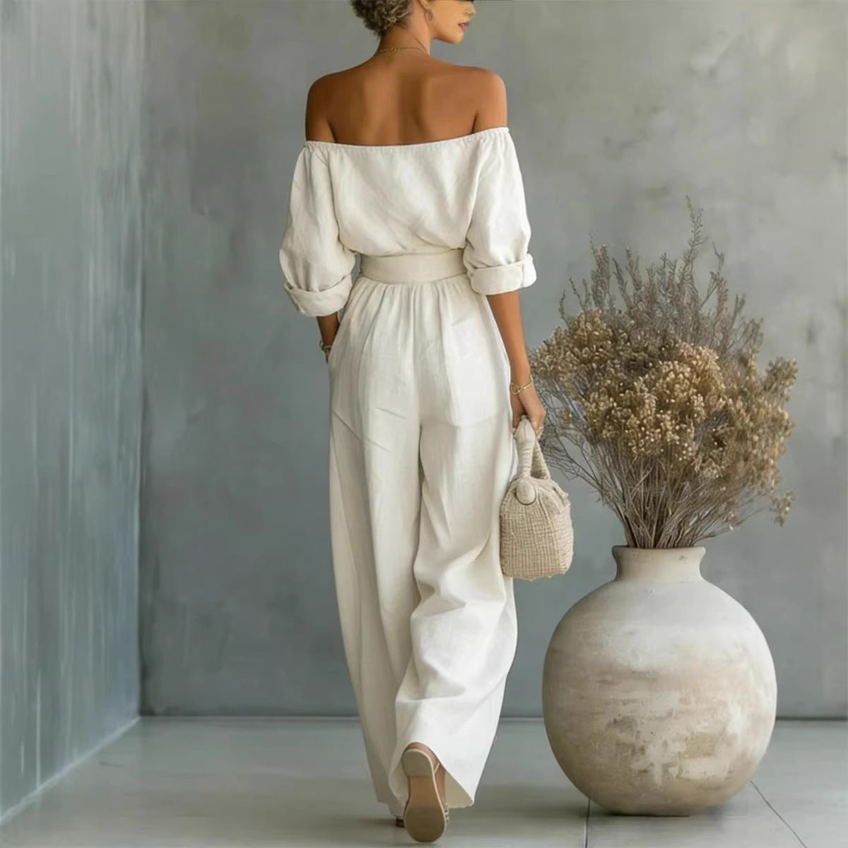 Freizeit Zweiteiler Damen-Outfit Off-Shoulder Top und Weite Hose Set