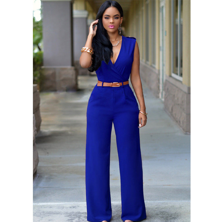 Ensemble tailleur irrégulier avec pantalon large taille haute, col en V et ceinture