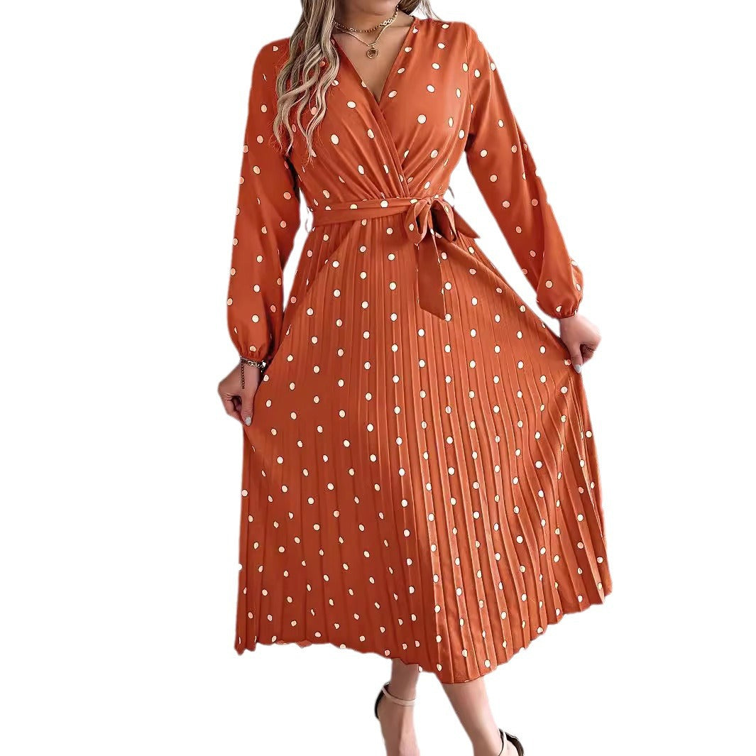 Robe longue élégante printemps-été, col en V croisé, pois contrastants, manches longues, plissée, robes de demoiselle d'honneur