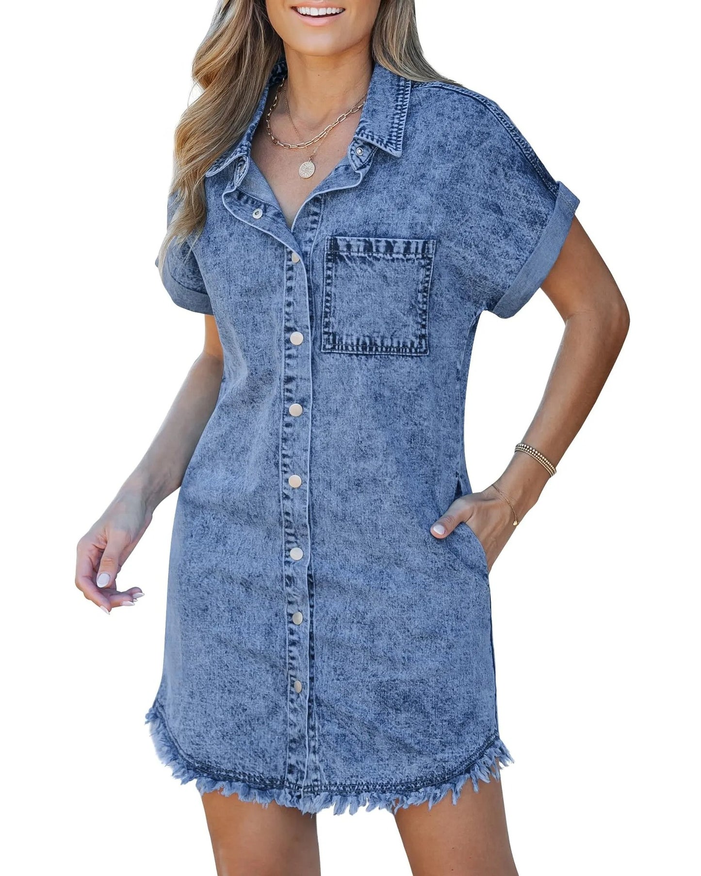 Women's Short-Sleeve Denim Shirt Dress, Casual Mini