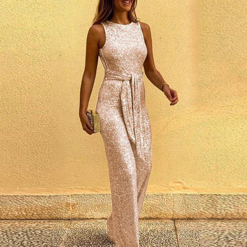 Womens Silver-spotted Sleeveless Personality Jumpsuit With A Round Neckline