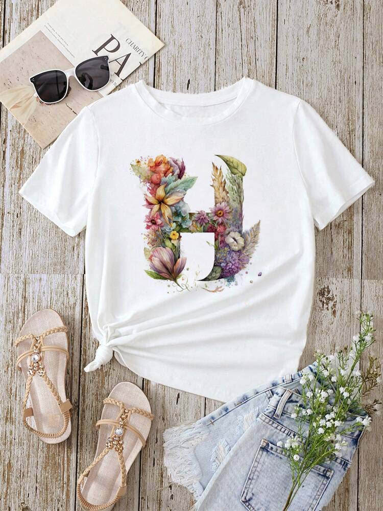 Stylish Womens T-shirt Featuring A Floral Letter Font With The First Letter Of Your Name Short-sleeve Top In White