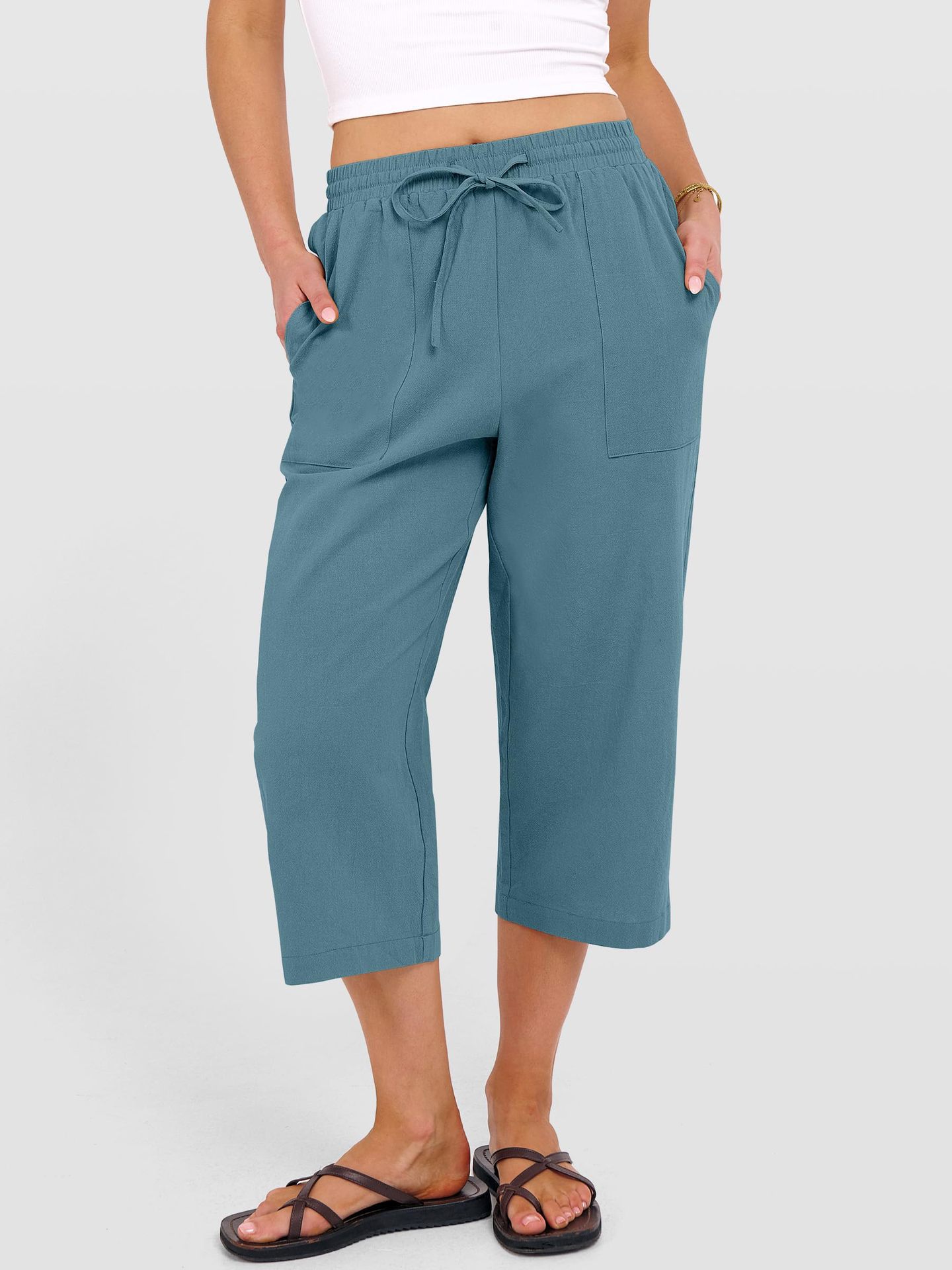 Solid-color Cotton-linen Relaxed-fit Drawstring Wide-leg Casual Pants