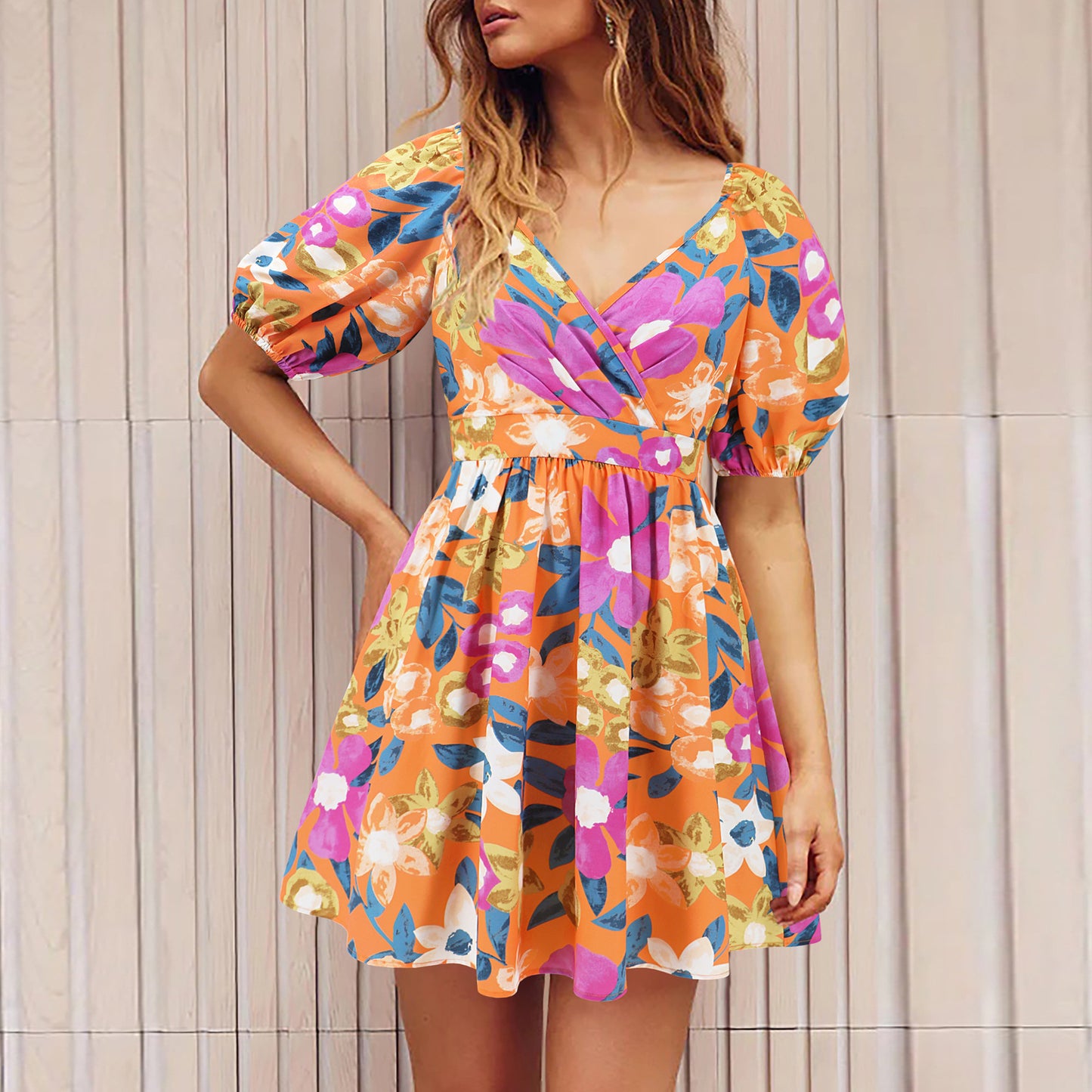 Blumenmuster V-Ausschnitt Laternenärmel Kleid Y2K Sommer Urlaub Strand kurze Kleider Mode Damenbekleidung