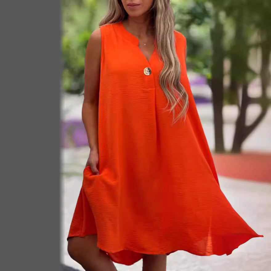 Robe unie sans manches à col en V avec détails boutonnés pour femme