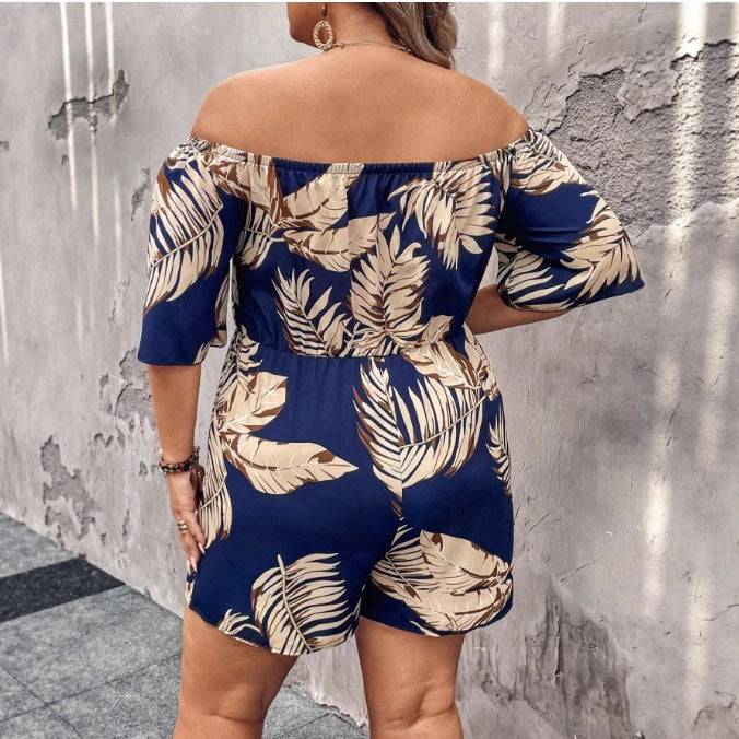 Europäischer und amerikanischer schulterfreier Jumpsuit mit Pflanzenmuster und Taillengürtel mit Shorts