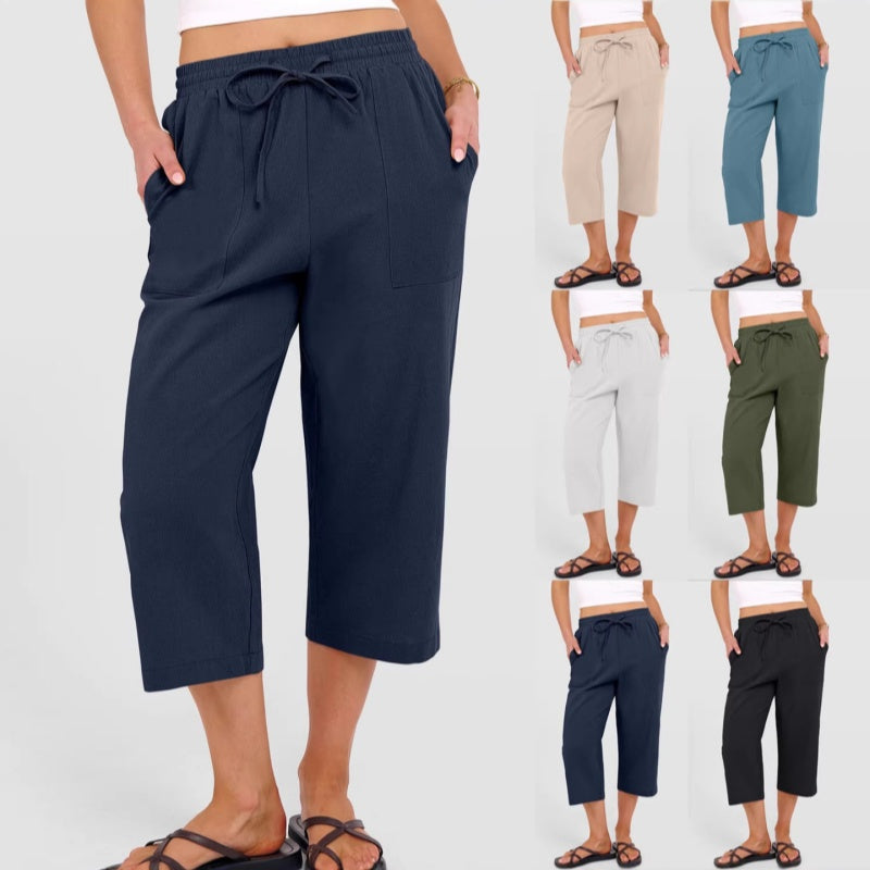 Solid-color Cotton-linen Relaxed-fit Drawstring Wide-leg Casual Pants
