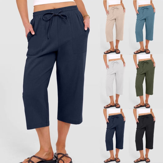 Solid-color Cotton-linen Relaxed-fit Drawstring Wide-leg Casual Pants