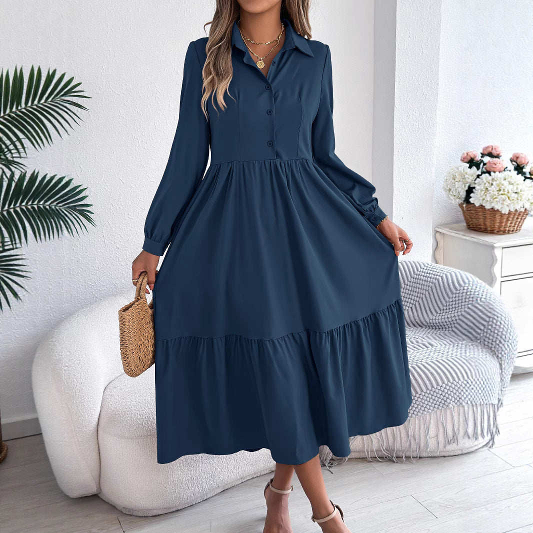 Damen Revers Casual Loose Langarm Rüschen Hemdblusenkleid Langarm Umlegekragen Einreiher Kleid Frühling Herbst Mode Damenbekleidung für den Urlaub
