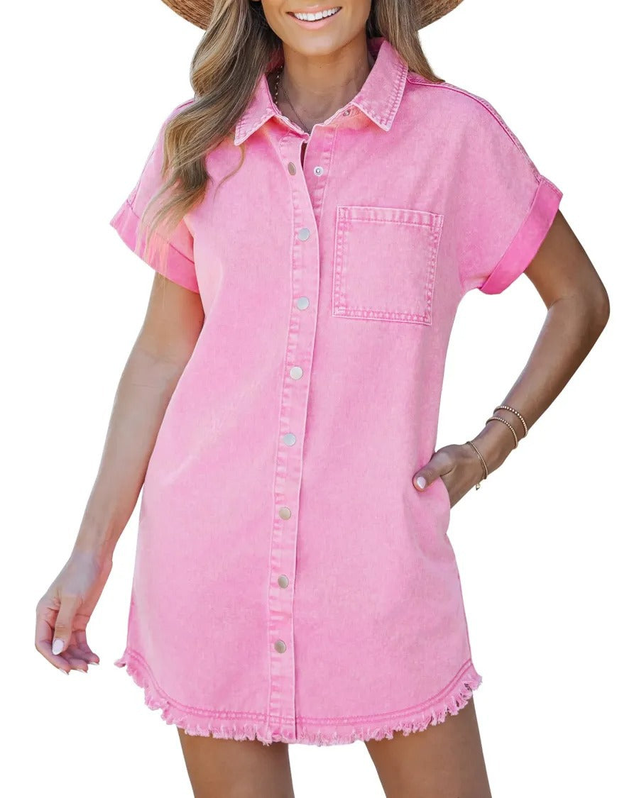 Women's Short-Sleeve Denim Shirt Dress, Casual Mini