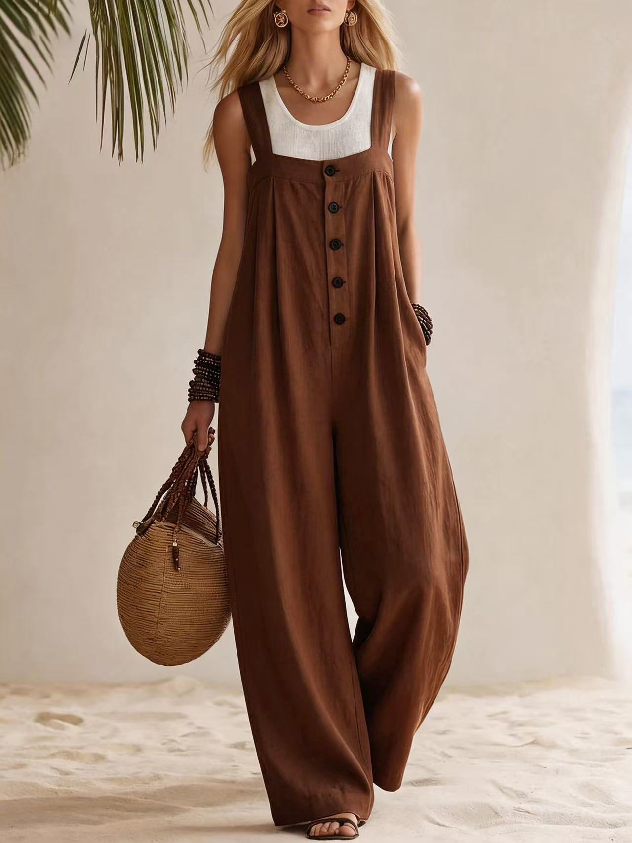 Combinaison salopette décontractée bohème boutonnée pour femme