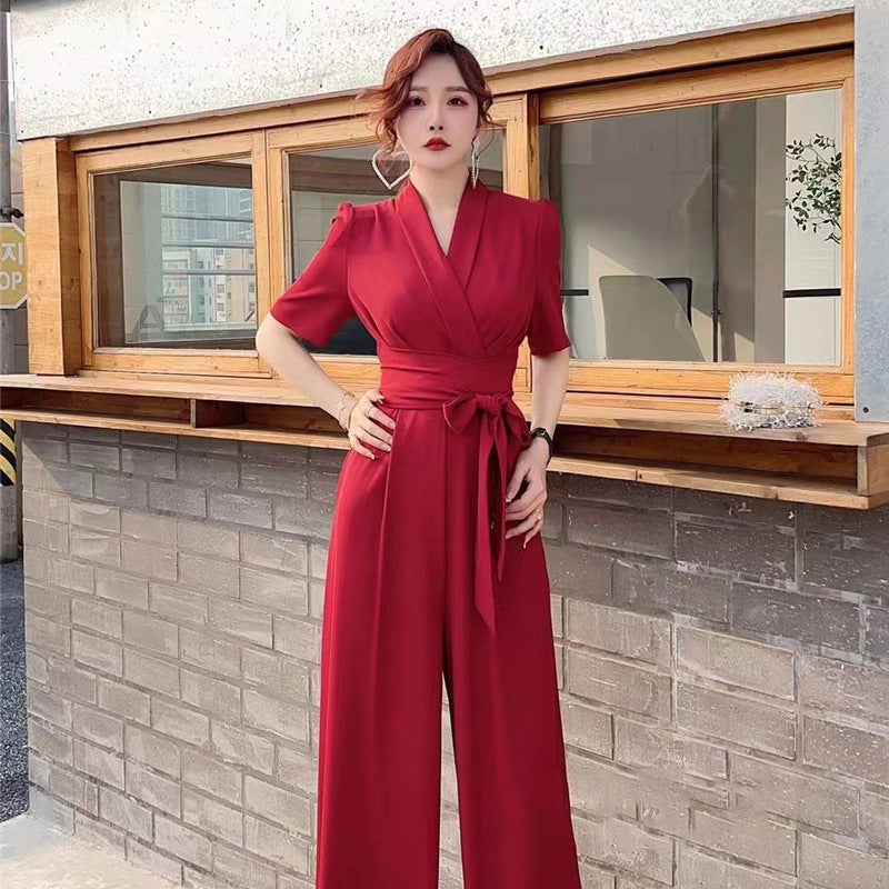Combinaison élégante à taille haute, coupe amincissante, couleur unie et jambe large avec laçage