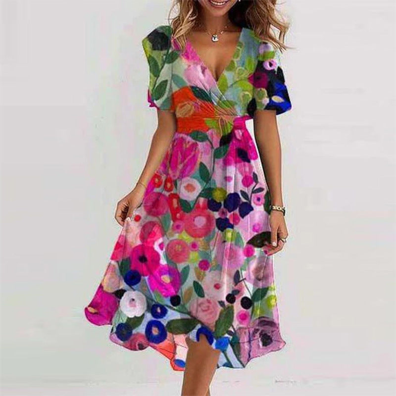 Robe d'été évasée à fleurs imprimées et col en V, à manches courtes pour femme