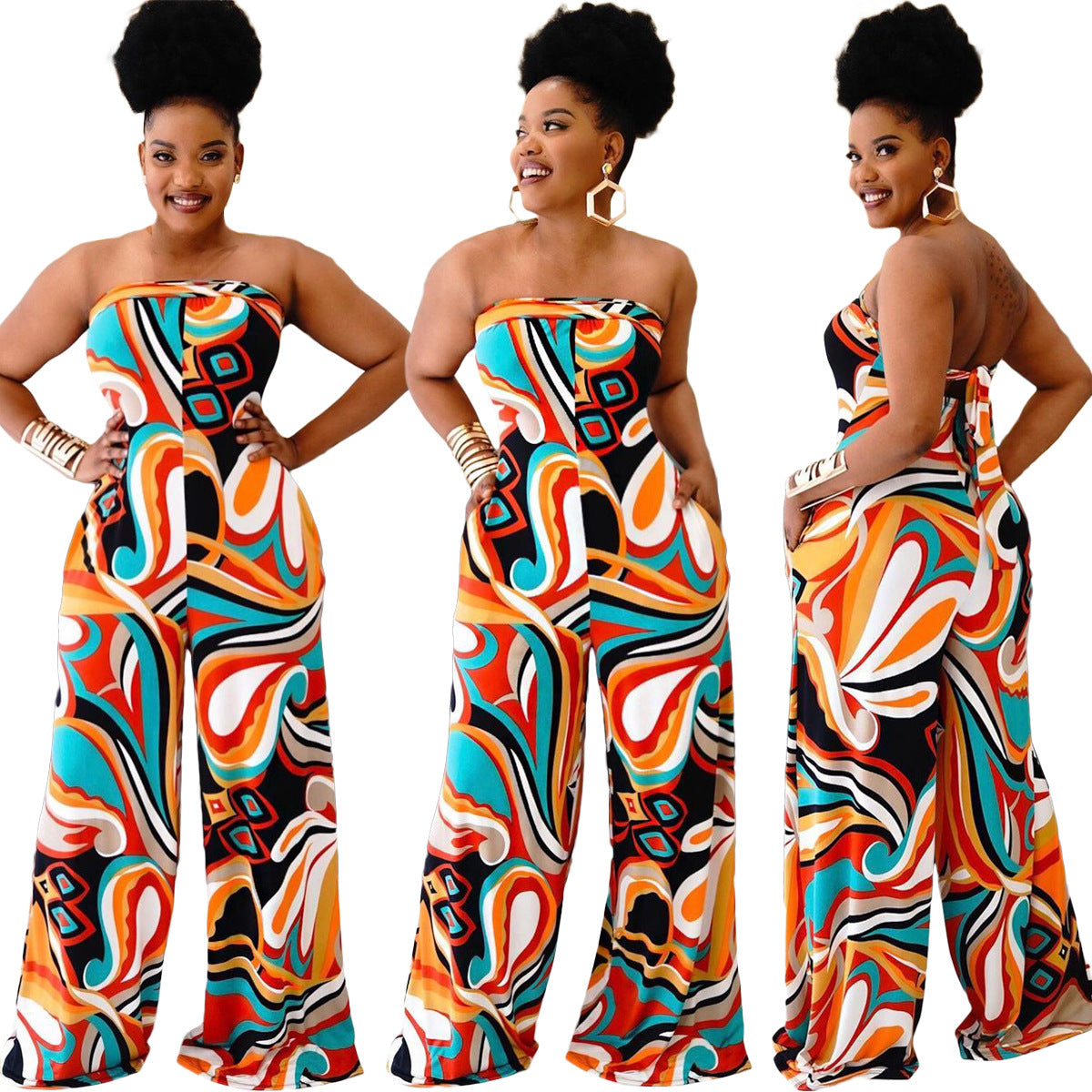 Damen Neckholder Jumpsuit mit Print, weiter Hose, Übergrößen