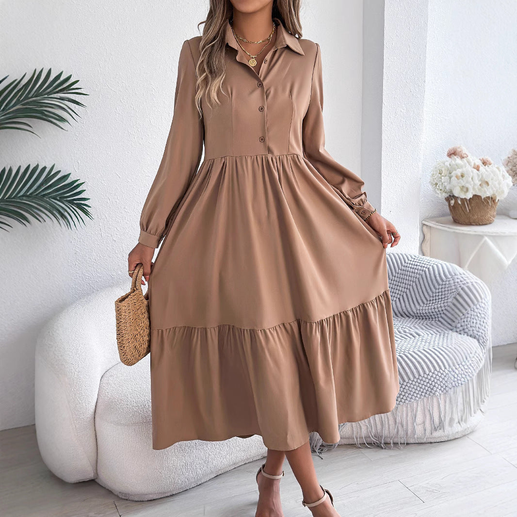 Damen Revers Casual Loose Langarm Rüschen Hemdblusenkleid Langarm Umlegekragen Einreiher Kleid Frühling Herbst Mode Damenbekleidung für den Urlaub