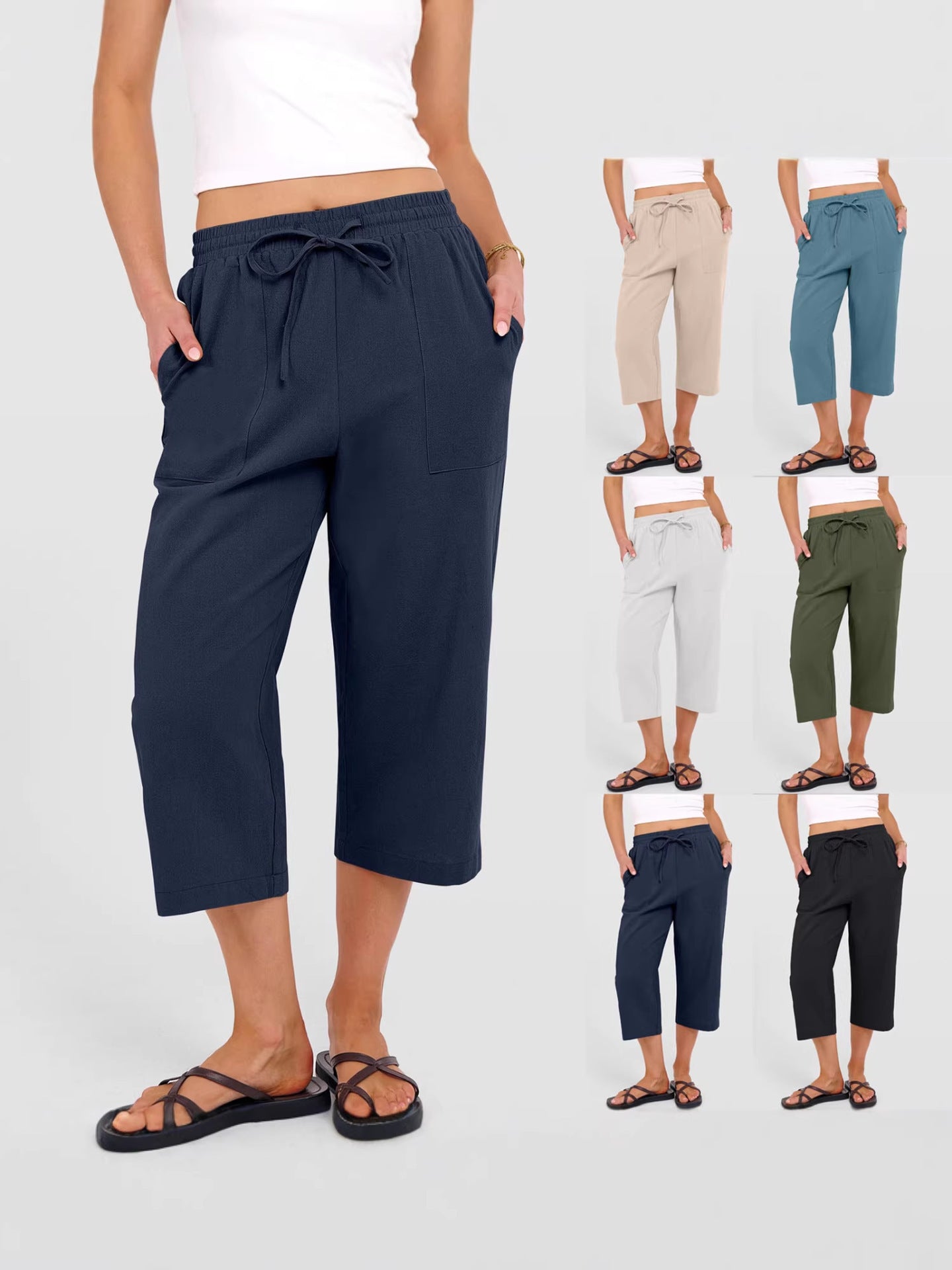 Solid-color Cotton-linen Relaxed-fit Drawstring Wide-leg Casual Pants