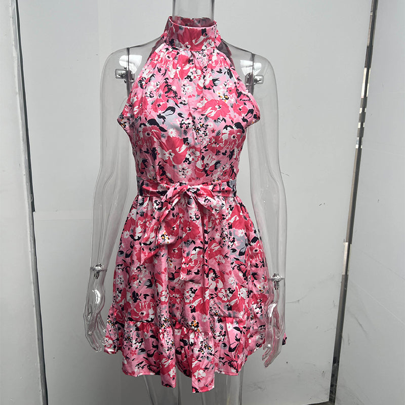 Neues Neckholderkleid mit Blumenprint Sommer Mode Temperament geschnürte Rüschenkleider für Damen