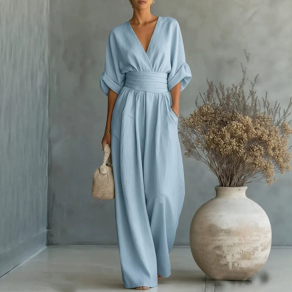 Sommer Kurzarm Jumpsuit Mode Lässig V-Ausschnitt Weite Hose Damenbekleidung