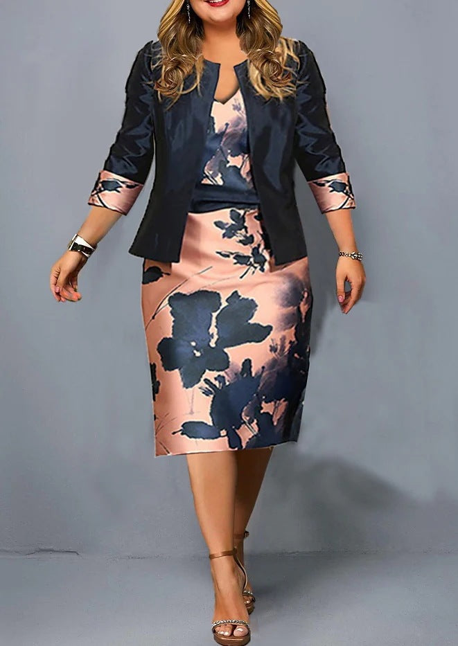 Ensemble deux pièces jupe et haut à manches trois-quarts pour femme grande taille